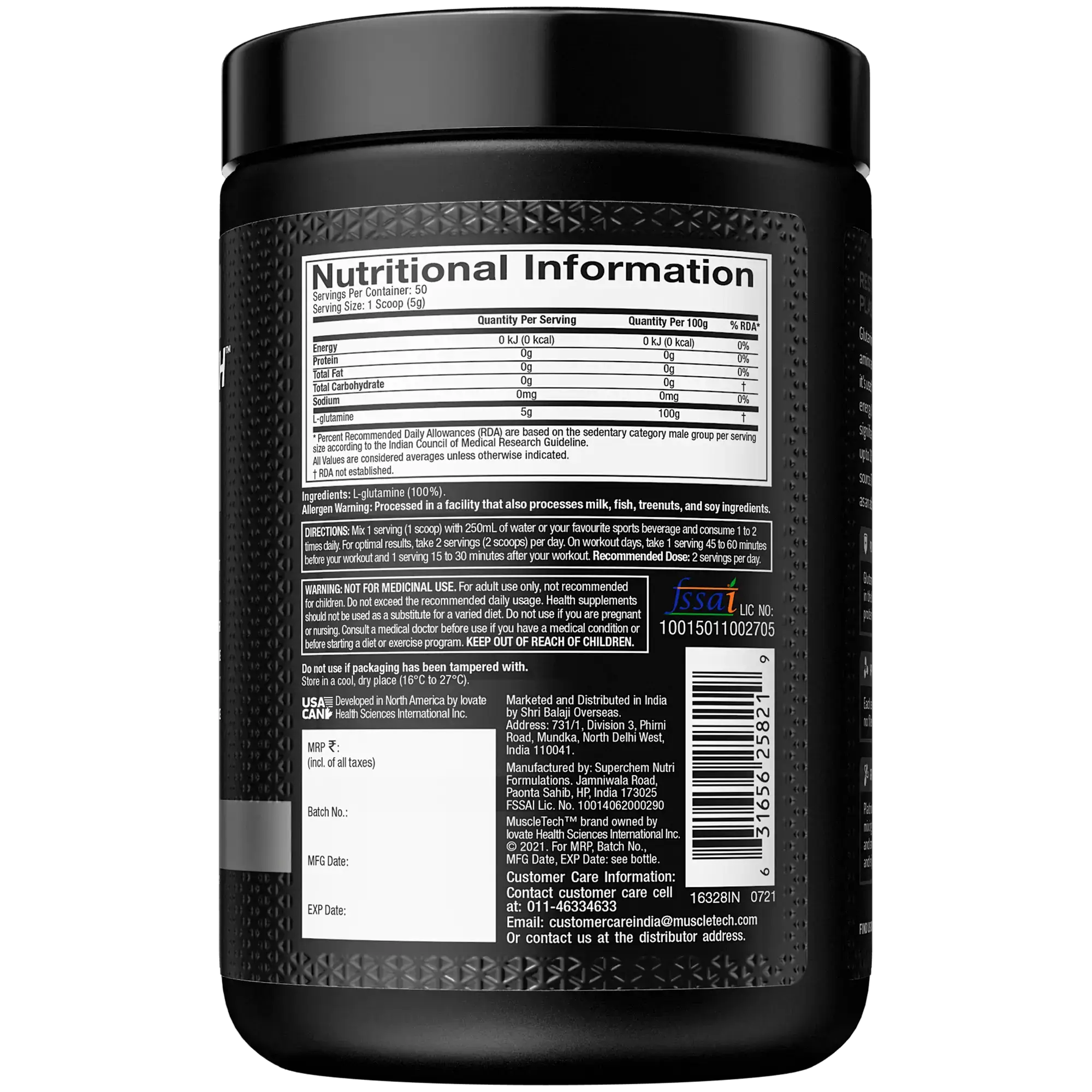 Muscletech 100% glutamine unflavoured 250g